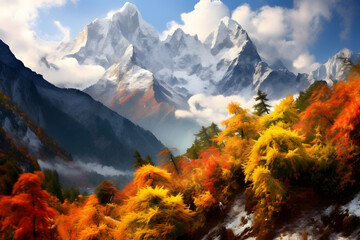 Wall Mural - Mountain rock, sunset and snow fog