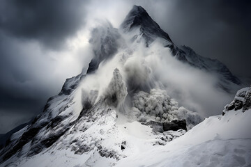 Wall Mural - Mountain rock, sunset and snow fog