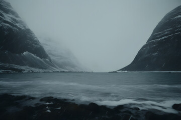 Wall Mural - Mountain rock, sunset and snow fog