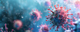 Fototapeta  - Close up banner of floating virus cells, bacteria, microbes on blurred background with copy space. Abstract 3d render visualization of covid, flu, infection disease. Сoncept for  hospitals, clinics.