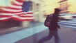 © MH - a blurry US flag and a student with a backpack a USA, USA student, f-1 visa, student visa, American student, American university, education in the US, back to school in the US