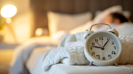 Poster - classic white alarm clock is on a bed with white linens, bathed in soft morning light with a blurred background suggesting a bedroom setting