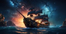 Generate A Breathtaking 4K Ultra Image Of A Pirate Ship Sailing Gracefully Into A Bioluminescent Sea Beneath A Sky Illuminated By A Galaxy-studded Spectacle