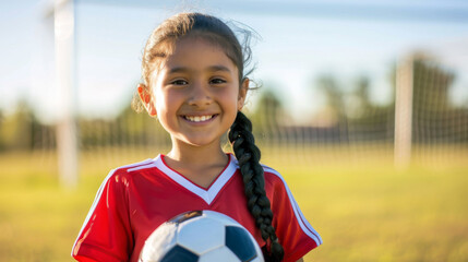 happy young girl with braided hair, holding a soccer ball, wearing a red sports jersey, with a soccer goal in the background, likely on a playing field