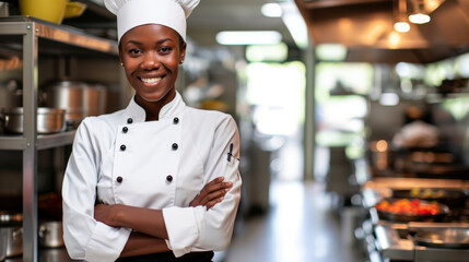 Sticker - smiling woman dressed in a chef's uniform with a white hat and apron stands confidently in a professional kitchen