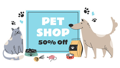 Wall Mural - Pet shop sale discount banner poster concept. Animal pets zoo store with food, toys. Vector graphic design illustration element