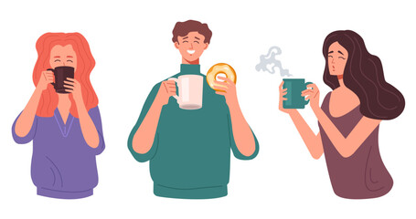 People man woman characters drinking coffee and eating sweet food isolated set collection. Vector flat graphic design illustration