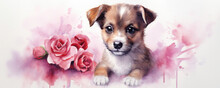 Valentine Card With Cute Puppy. Funny Dog Illustration For Valentine's Day With Hearts And Flowers