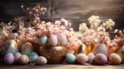 Wall Mural - Basket with Easter colored eggs on a rustic wooden antique table surrounded by delicate spring flowers. Card with a copy of the place for the text
