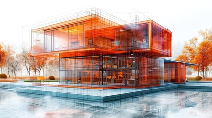 3D mesh of a modern building, blueprint graphic design.