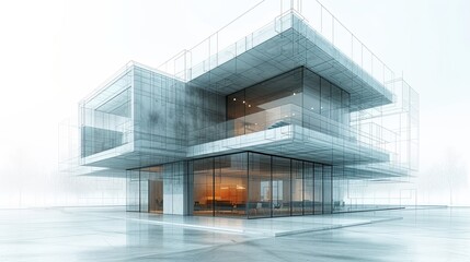 3D mesh of a modern building, blueprint graphic design.