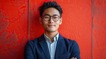 Sticker - Handsome young Japanese businessman isolated on red background