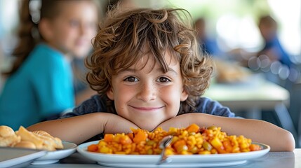 A smiling child in front of a plate of food, in the school canteen.