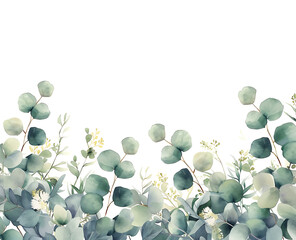 Wall Mural - illustration of a natural watercolor background with green eucalyptus branches, in the style of floral, dark white and light aquamarine, decorative borders, wiesław wałkuski, white background