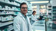 © Studio Nova - Male pharmacist is smiling at the camera with a pharmacy shelf in the background, and a colleague is slightly out of focus behind him.