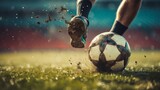 Fototapeta Sport - Close up of legs kicks a football on the soccer field.
