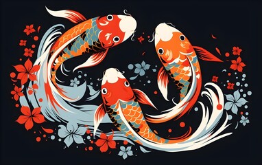 Two very cute Koi Fish oriental art vector illustrations