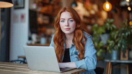 Sticker - Young woman is focused on working on her laptop in a modern office