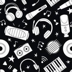 Sticker - Musical seamless pattern. Headphones and microphones, sound speaker and music notes. Black and white stylish decent vector fabric print template