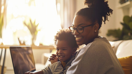 Canvas Print - Woman is sitting on a couch, holding a toddler on her lap while working on a laptop in a cozy home environment.