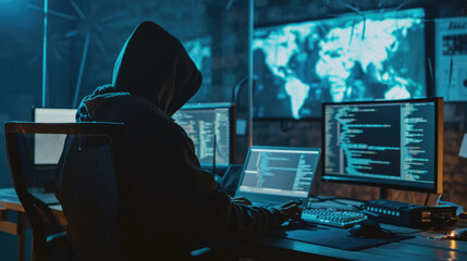 Wall Mural - Individual in a hoodie sitting in front of multiple computer monitors displaying various data visualizations and global network map
