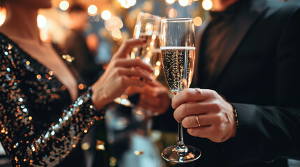 Wall Mural - Close-up of two people in formal attire toasting with champagne glasses.