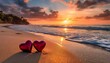 Two hearts on the beach at sunset. Valentines day concept.