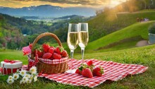 Two glasses of champagne and picnic basket with strawberries on green grass