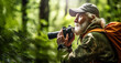 1..Elderly Birdwatcher naturalist with binoculars exploring the lush forest, immersed in wildlife observation.