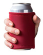Koozie held in hand, PNG isolated on a white background.