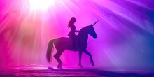 Girl Riding A Magic Unicorn In A Silhouetted Scene, Bathed In Strong Purple Backlight, Surrounded By A Rainbow - A Magical Fairytale World.