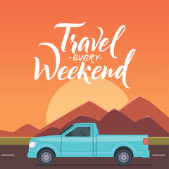 Sticker - Travel background off road car on cartoon landscape. vector concept background for travelers