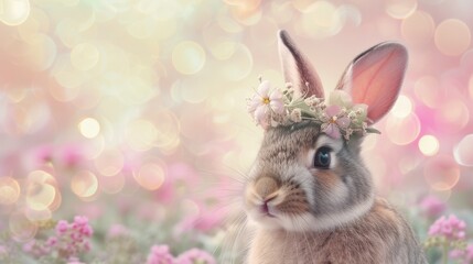 Sticker - Adorable Rabbit Wearing a Meadow Flower Crown on Bokeh Background. A Delightful and Whimsical Scene For Easter Bunny Festival Celebrate.