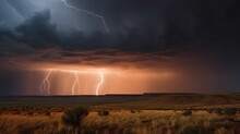 Great Lightning At Night, Over The Prairie