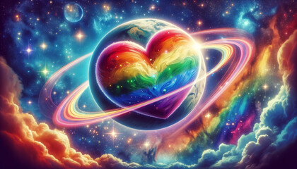 Wall Mural - Cosmic Heart Nebula.
Vibrant heart-shaped planet with swirling galaxies and stars in cosmic space.