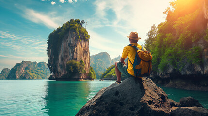 Young man traveler with backpack and hat sitting on a rock and looking at the sea in Thailand