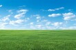 Green grass field and blue sky with white clouds,  Nature background