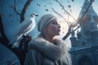 Snow queen with bird in moonlight. Fantasy majestic frozen queen in furry cloak. Generate ai