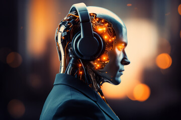 Poster - New workforce, Robot head suit worker and headphones, cyborg, office worker.
