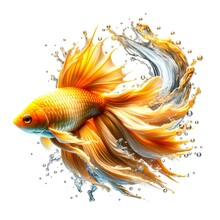 Golden Fish With Splashing Water On White Background, Generative AI
