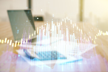 Aufkleber - Abstract virtual financial graph hologram on calculator and laptop background, forex and investment concept. Multiexposure
