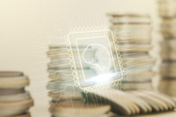 Aufkleber - Virtual creative artificial Intelligence hologram with human brain sketch on coins background. Double exposure