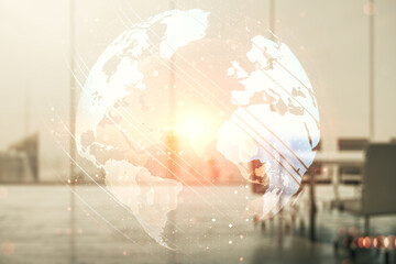 Poster - Multi exposure of abstract creative digital world map hologram on a modern meeting room background, research and analytics concept