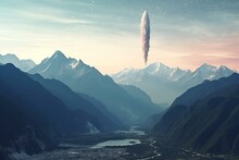 Spaceship In The Sky Above The Mountain Range
