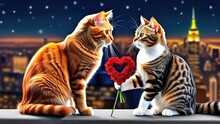 Between Two Red Cats There Is A Red Heart Made Of Flowers Against The Background Of The City. Valentine's Day. Love Story.