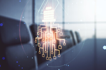 Poster - Virtual creative light bulb with chip hologram on a modern boardroom background, artificial Intelligence and neural networks concept. Multiexposure