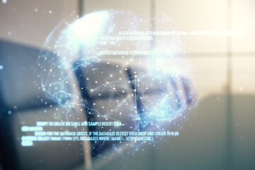 Aufkleber - Abstract virtual coding concept and world map hologram on a modern conference room background. Multiexposure