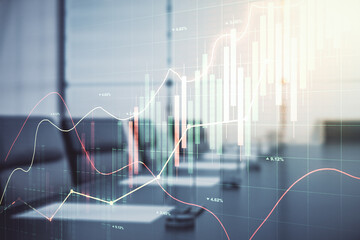 Poster - Multi exposure of virtual creative financial chart hologram on a modern meeting room background, research and analytics concept