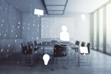 Aufkleber - Double exposure of social network icons hologram on a modern boardroom background. Networking concept