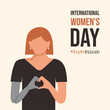 InspireInclusion International Women Day with Girl with prosthesis or disability poster. Woman fold her bionic mechanism hands as heart IWD 2024. Minimalist illustration with Inspire Inclusion slogan